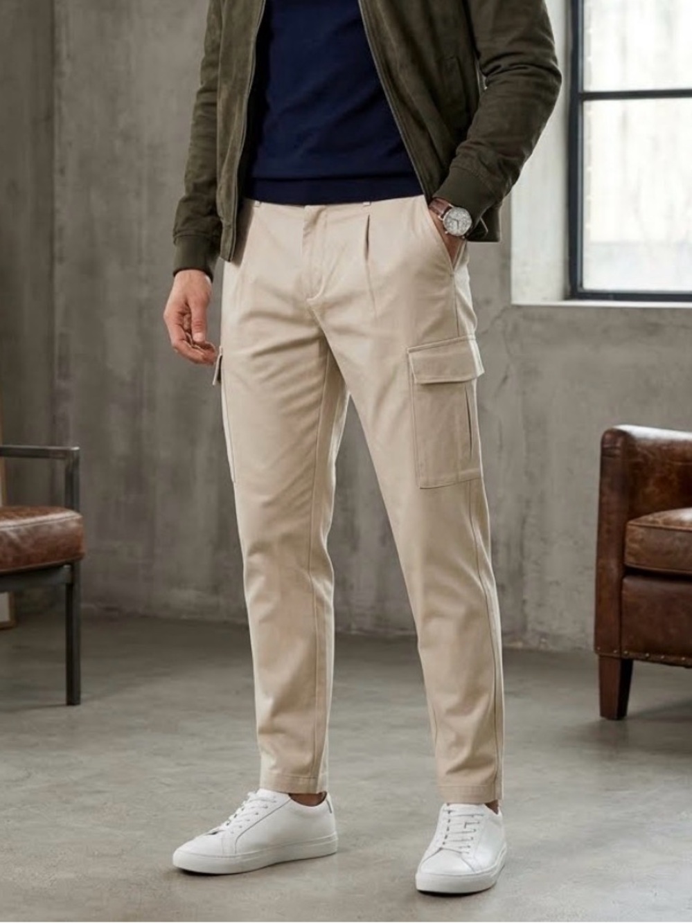 Jack & Jones Men's Khaki Beige Straight Tapered Utility Cargo Pants 1907